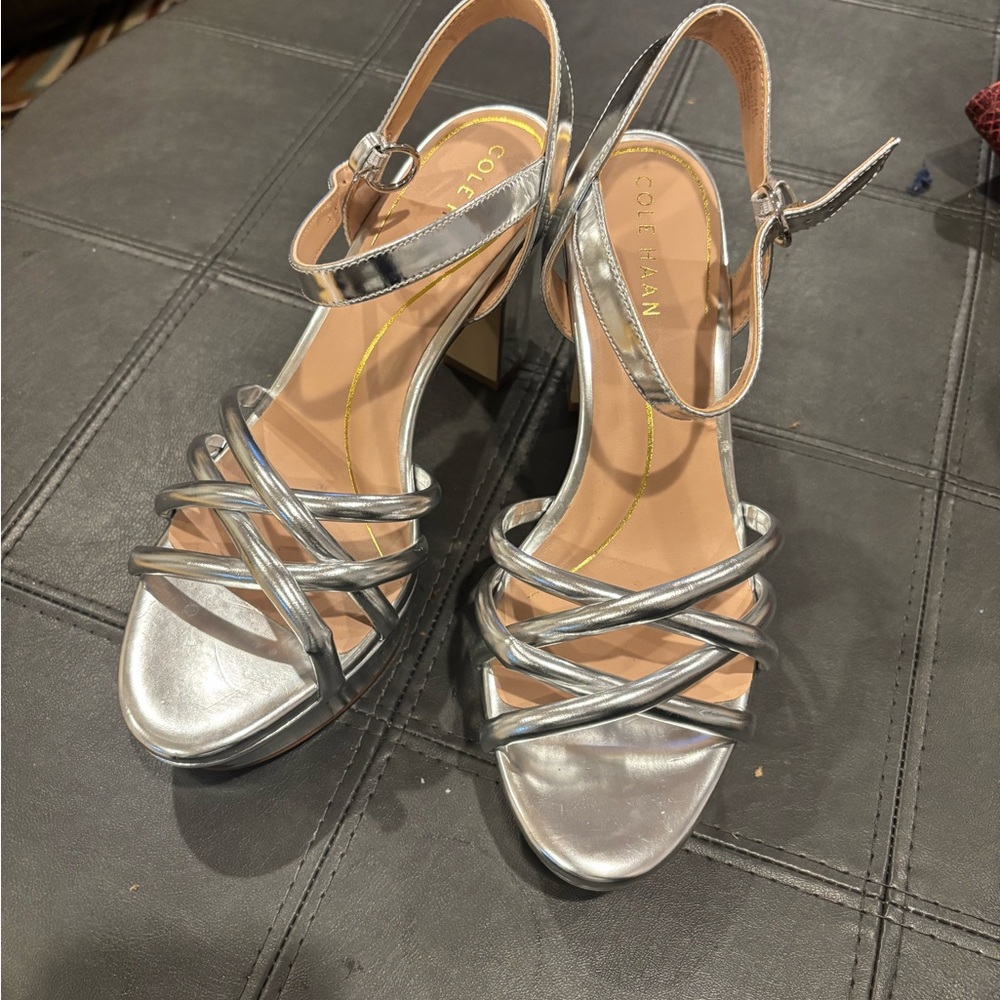 Cole Haan Silver Heeled Sandals with Strappy Design